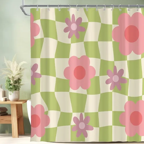 Vista 41 de Cortina de ducha pequeña para casa rodante, tamaño medio, estilo retro de los 70, con flores bonitas, estética abstracta de margaritas, decorativa