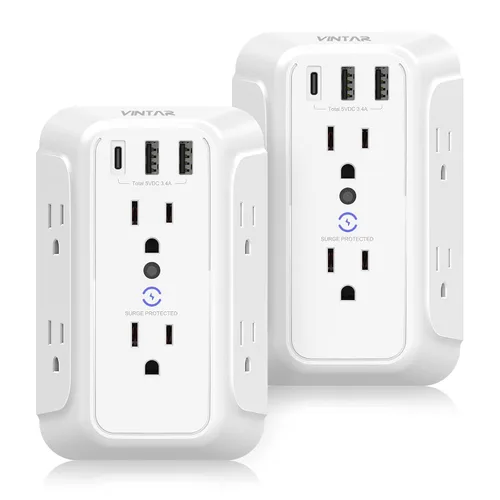 Vista 7 de Cargador de pared, protector de sobretensiones, extensor de 6 tomas de corriente con 3 puertos de carga USB (1 USB C, 3.4 A), regleta