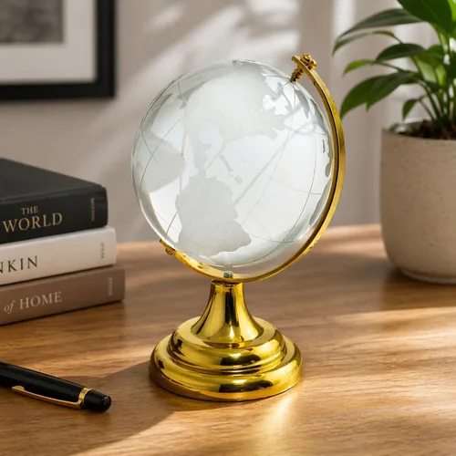 Vista 3 de BANBERRY DESIGNS Globo del mundo de cristal grabado en soporte y base de color latón, escritorio, caja de regalo, 2.25 pulgadas de diámetro
