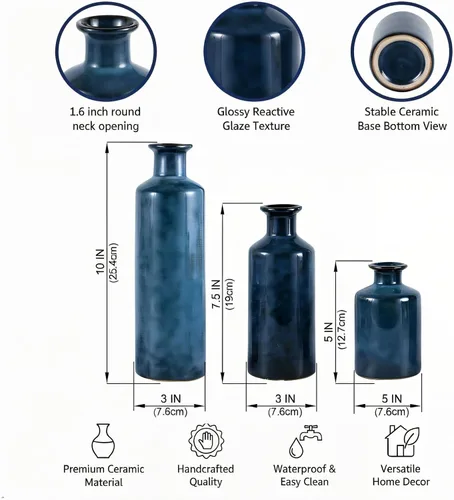 Vista 2 de Mowtanco Juego de 3 jarrones pequeños de cerámica azul, casa de campo moderna para botellas de decoración del hogar, jarrones decorativos rústicos