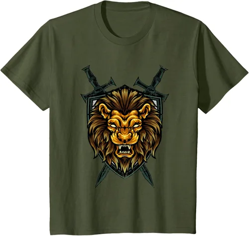 Vista 10 de Camiseta con diseño de caballero medieval renacentista, con diseño de espada de león, Negro, S
