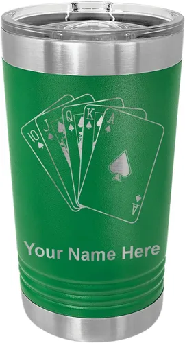 Vista 12 de LaserGram Vaso de pinta aislado al vacío de 16 onzas, tarjetas de póquer Royal Flush con grabado personalizado incluido (negro)