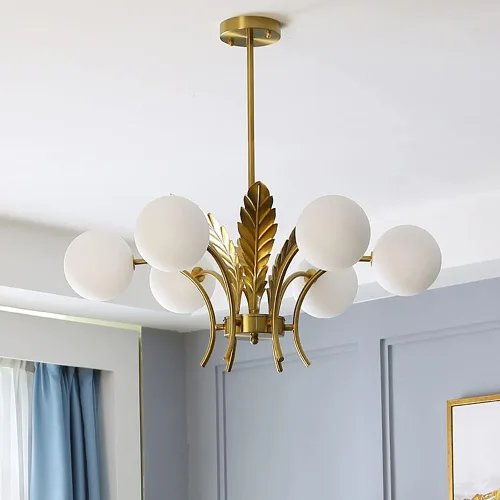 Vista 3 de Lámpara de araña Sputnik moderna con 6 luces, esfera con globos de cristal, lámpara colgante con decoración de hojas, acabado blanco