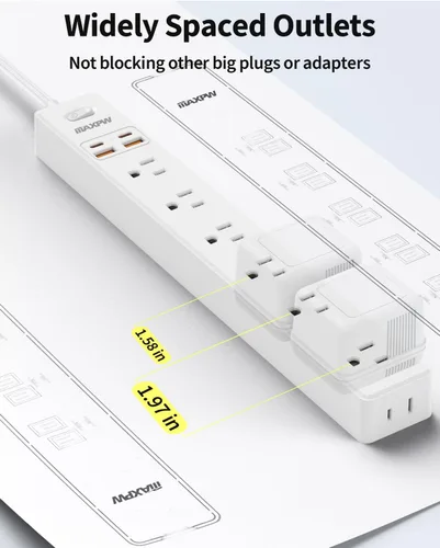 Vista 3 de Regleta protectora de sobretensiones de 6 pies, 7 tomacorrientes, 4 puertos USB (2 USB C), cable de extensión plano ultrafino y enchufe plano, 1700