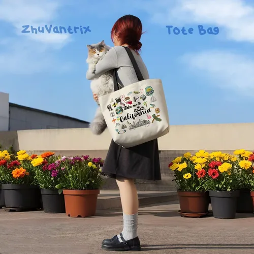 Vista 6 de Take Me To California - Bolsa reutilizable para comestibles, bolsa de compras estética con bolsillo interior, ligera y lavable, elegante, regalo