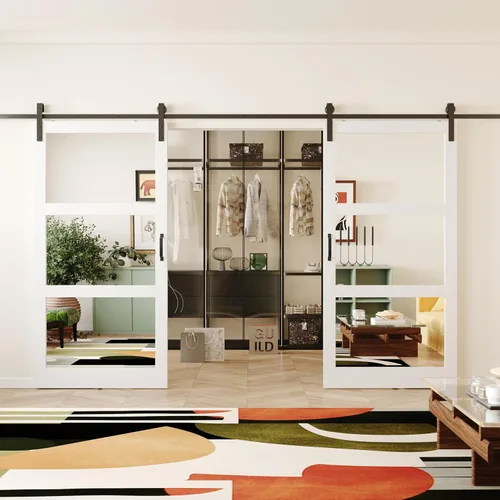 Vista 9 de Puerta corrediza de granero con espejo de 3 paneles de 36 x 84 pulgadas, kit de herramientas incluido, requiere montaje, superficie de PVC a prueba