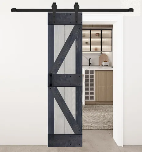 Vista 12 de Serie K - Puerta corrediza de granero de madera maciza con acabado marrón/nogal de 38 x 84 pulgadas con kit de herrajes (requiere montaje)
