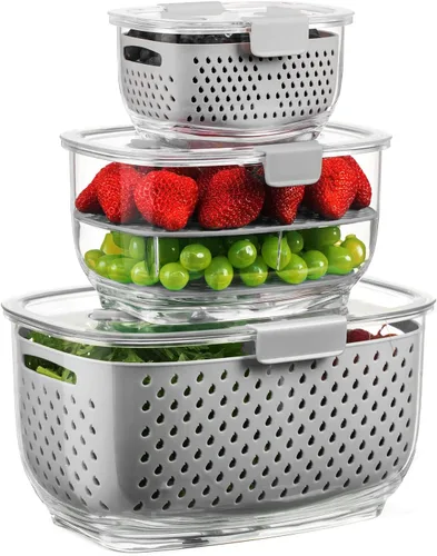 Vista 10 de LUXEAR Juego de 3 unidades de contenedores de almacenamiento de frutas y vegetales frescos, contenedor de almacenamiento de refrigerador sin BPA