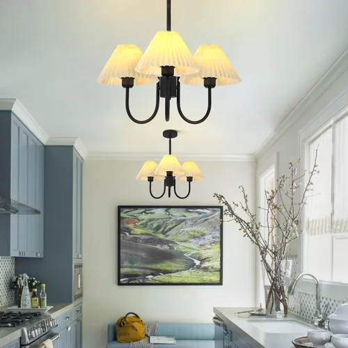 Vista 5 de KCO Lighting Lámpara Colgante Plisada Vintage de 3 Luces Araña de Techo con Pantallas de Lámpara Pequeña Araña de Tela Negra y Blanca para Sala