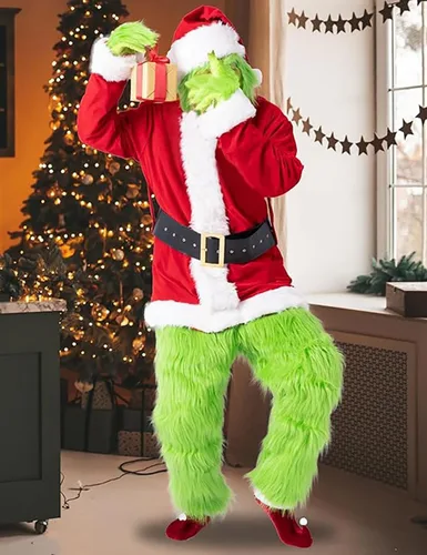 Vista 4 de casapre Green Monster CostumeChristmas Deluxe 7PCS for Adult Santa Furry Costume Suit Furry Adult Santa Suit Green Outfit