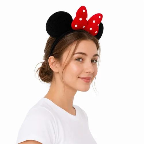 Vista 5 de Diadema de terciopelo con orejas de ratón con lazo de algodón 3D, banda para el pelo de moda para mujeres y niñas (algodón 3D rosa)