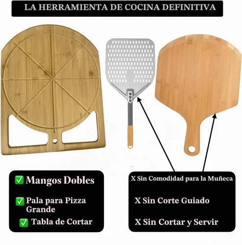 Vista 2 de Pala de Pizza de Madera 2 en 1 y Tabla de Cortar de Bambú Tabla de Pala de Pizza de Doble Agarre para Hornear, Espátula de Pizza y Tabla de Cortar