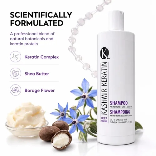 Vista 4 de Kashmir Keratin Champú profundo para cabello graso y dañado sin sulfatos ni parabenos NUEVA PRESENTACIÓN (8 fl oz)