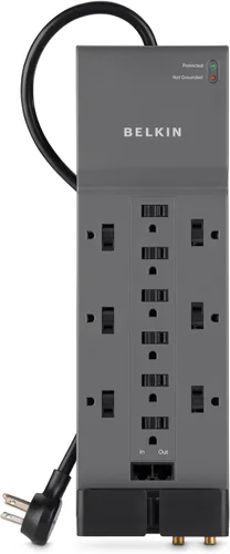 Vista 4 de Belkin Protector contra sobretensiones serie para el hogar y la oficina de 12 tomas, cable de 8 pies, gris