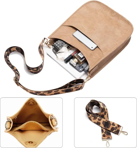 Vista 5 de Bolso bandolera retro de cuero vegano para mujer, con correa de hombro de leopardo romovable
