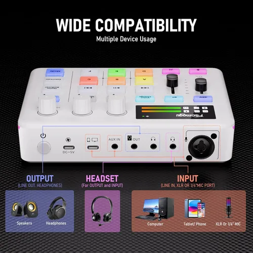 Vista 5 de Facmogu G9 Mezclador de Audio, Mezclador de PC RGB para Transmisión con Interfaz XLR para Micrófono, Control de Volumen, Botón de Silencio