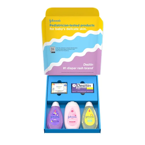 Vista 3 de Johnson's Baby Aquí Viene Bebé - Set de regalo para bebés, esenciales para nuevos padres con loción hidratante, baño relajante, gel de baño
