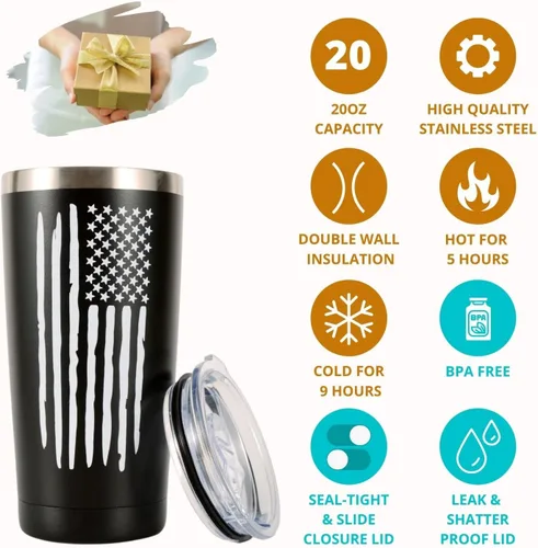 Vista 2 de Vaso térmico y taza de café de viaje con bandera americana de 20 onzas para hombres, esposo, papá, regalos militares patrióticos únicos para el día