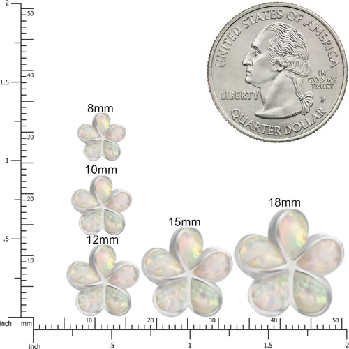 Vista 3 de Aretes de plata de ley 925 con diseño de ópalo hawaiano de plumeria, sin níquel, hipoalergénicos para pieles sensibles, acabado rodio, caja