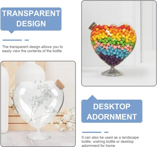Vista 5 de Operitacx Botella de cristal con forma de corazón de 7 pulgadas con tapón de corcho, tarro decorativo transparente para estrella de origami, jarrón