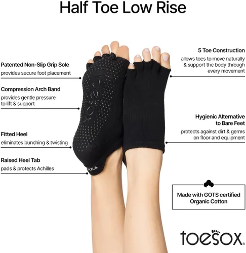 Vista 3 de Toesox Calcetines de agarre de media punta de tiro bajo, paquete múltiple antideslizantes para pilates, barra y yoga para mujeres y hombres