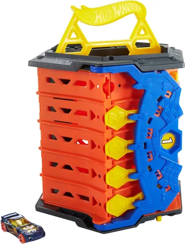 Vista 6 de Hot Wheels Track Builder Action, Pista de Carreras Desplegable, Juego de Pista con Pista de Carreras de 5 Carriles y Cubo de Almacenamiento