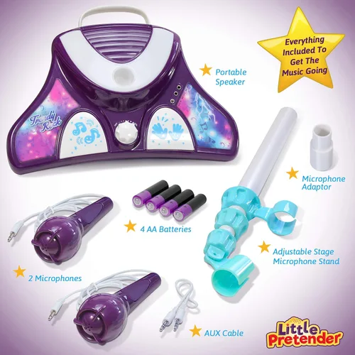 Vista 2 de Máquina de karaoke para niños con 2 micrófonos y soporte ajustable, con música para cantar, con luces de escenario intermitentes y pedales