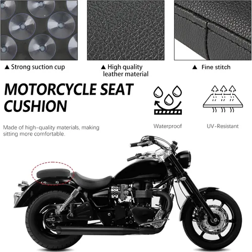 Vista 2 de DREAMIZER Cojín de Cuero para Asiento Trasero de Motocicleta con 8 Ventosas Rectangular Compatible con Motos Harley Custom (Negro)