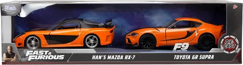 Vista 2 de Jada Fast & Furious 1:32 Han's Mazda RX-7 y Toyota GR Supra - Paquete doble de autos fundidos, juguetes para niños y adultos