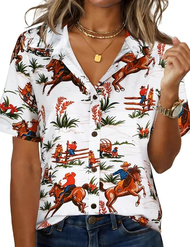 Vista 22 de LILYCHIC Camisas hawaianas de verano con botones de coco para mujer, camisas suaves con botones de manga corta A-hoja floral negra