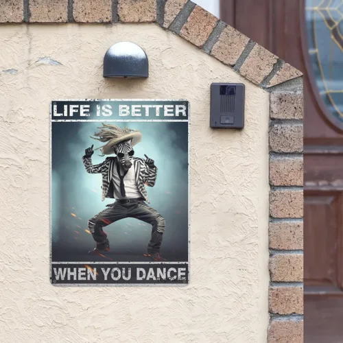 Vista 2 de Letrero de lata antiguo de Dancing Zebra Life is Better When You Dance, placa de pared de metal, letrero de estaño vintage, letrero de pared