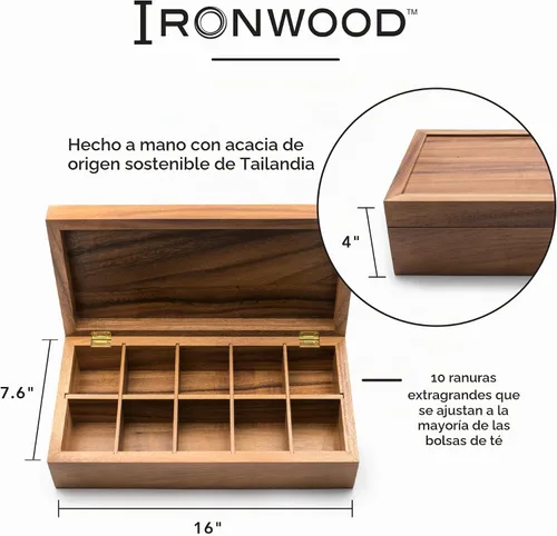 Vista 4 de Ironwood Gourmet Caja de té de madera de acacia, 10 compartimentos XL