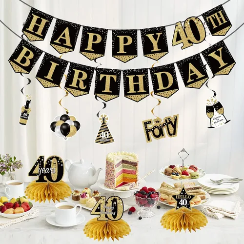 Vista 4 de Cartel decorativo de cumpleaños número 40 para hombres y mujeres, 10 piezas de pancarta de feliz cumpleaños 40, kit de espirales de nido de abeja