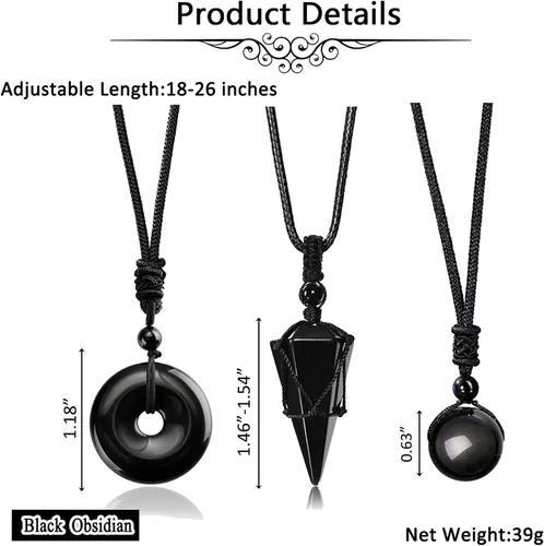 Vista 6 de Jovivi Juego de 3 collares de piedra de cristal curativo para hombres y mujeres, amatista natural, obsidiana negra, ojo de tigre, piedras preciosas