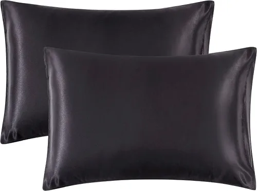 Vista 8 de Juego de 2 fundas de almohada de satén negro estándar con cierre de sobre, funda de almohada de seda negra para cabello y piel (20 x 26 pulgadas)