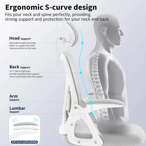 Vista 4 de Silla de Oficina, Silla de Escritorio Ergonómica con Soporte Lumbar Ajustable, Silla de Oficina Gris de 400 Libras Silla de Computadora de Malla