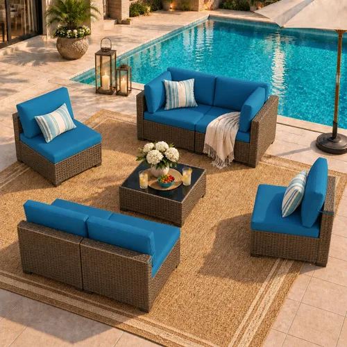 Vista 20 de Juego de 7 muebles de patio al aire libre, sofá seccional al aire libre, muebles de mimbre para patio, juego de conversación de patio con mesa