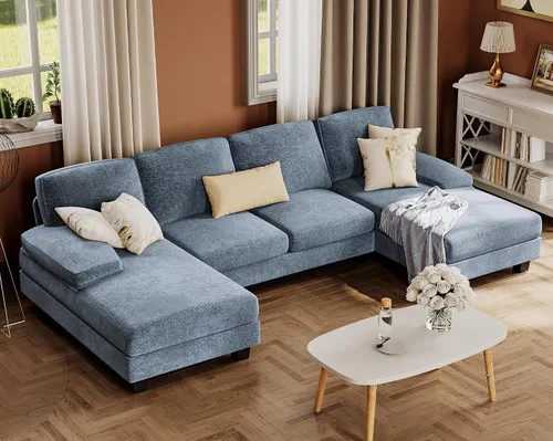 Vista 12 de Furmax - Sofás seccionales para sala de estar, sofá en forma de U con tela de lino, juego de sofá de 4 plazas con doble chaise para apartamento Beige