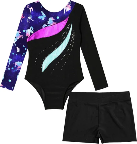 Vista 5 de TiaoBug Conjunto de leotardo de gimnasia de manga larga para niñas y niñas con pantalones cortos