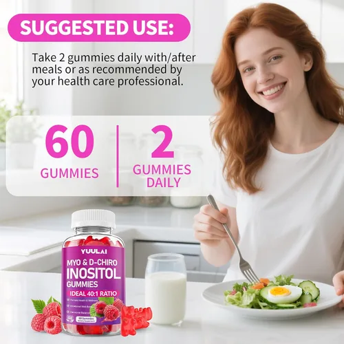 Vista 7 de Gomitas de mio-inositol y D-Chiro inositol, proporción 40:1 suplemento de inositol con vitamina D3, glicinato de magnesio, folato y zinc