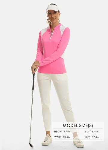 Vista 6 de MoFiz Polo de tenis de golf con cremallera para mujer, manga larga, sin cuello, atlético, de secado rápido, para senderismo, ajuste delgado