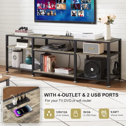 Vista 5 de VECELO Soporte de TV de 63 pulgadas con tomas de corriente para televisión de 55/60/65/70 pulgadas, centro de entretenimiento con estantes de Gris