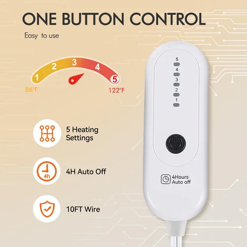 Vista 2 de ESTINGO - Manta eléctrica térmica con 5 niveles de calefacción y 4 horas de apagado automático, manta térmica de 50 x 60 pulgadas con certificación