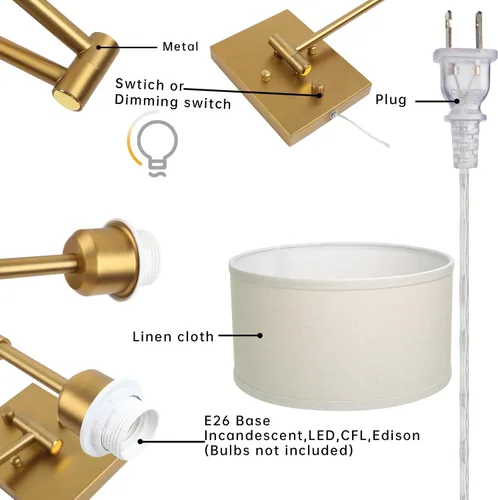 Vista 7 de Aplique de pared de tela textil de lino vintage Swing Arm, Adjustable, with on/Off Switch, Brass Gold Wall Mounted Lamp, Reading Light Fixture for