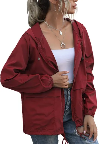 Vista 11 de PESION Chaqueta impermeable ligera para mujer, rompevientos con capucha y bolsillo para exteriores Verde militar