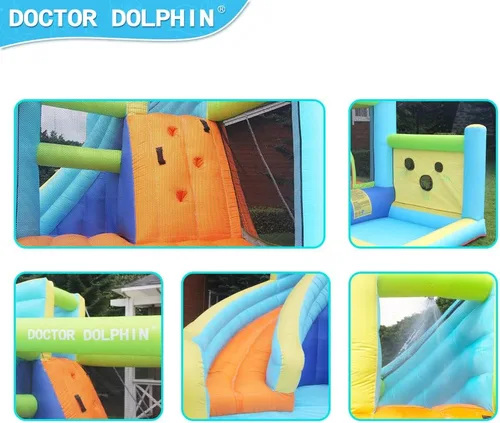 Vista 4 de Doctor Dolphin Casa de rebote de agua, parque inflable de tobogán acuático para niños, patio trasero, diversión al aire libre de verano con pistola