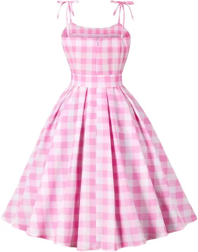 Vista 2 de Vestidos de los años 50 para mujer, vestido de cuadros rosa vintage sin mangas, vestidos Rockabilly a cuadros de los años 50