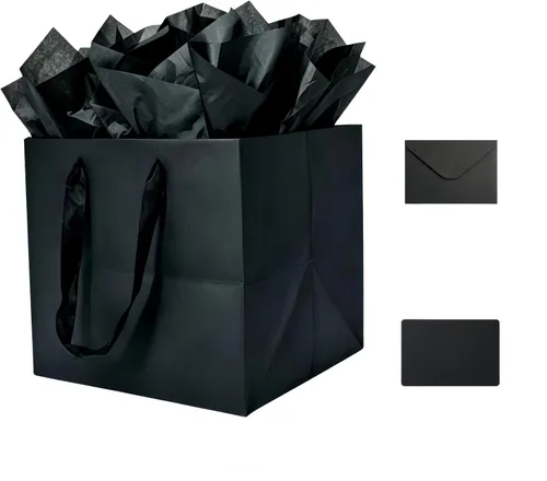 Vista 14 de JUNESHE Bolsa de regalo cuadrada negra grande con asas y papel de seda, 9.84 pulgadas, gran envoltura de regalo gigante para cumpleaños, boda