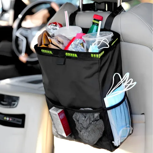 Vista 5 de Fekey&JF Bote de basura colgante para automóvil con bolsillos de almacenamiento, bolsa de basura Oxford impermeable a prueba de fugas, organizador