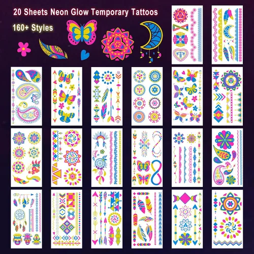 Vista 2 de Ozepao 20 hojas de tatuajes temporales que brillan en la luz negra, suministros de fiesta que brillan para adultos y niños, más de 160 diseños